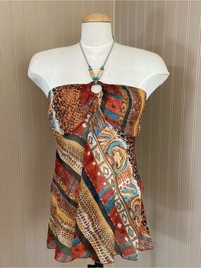 Y2K Lush Abstract Print Mesh Semi Sheer Halter Top Women’s Size M-L